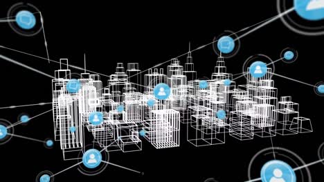 Animation-of-network-of-connections-with-icons-over-3d-architectural-drawing-of-city-in-background