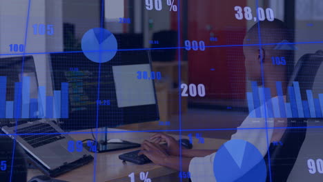 software developer typing on keyboard at desk with floating data charts overlaying code screens