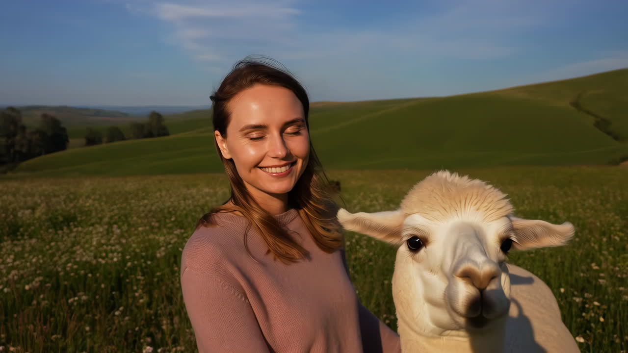Woman and Alpaca in a Sunny Green Field