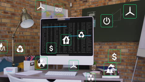 animation of ecology icons over office and data processing