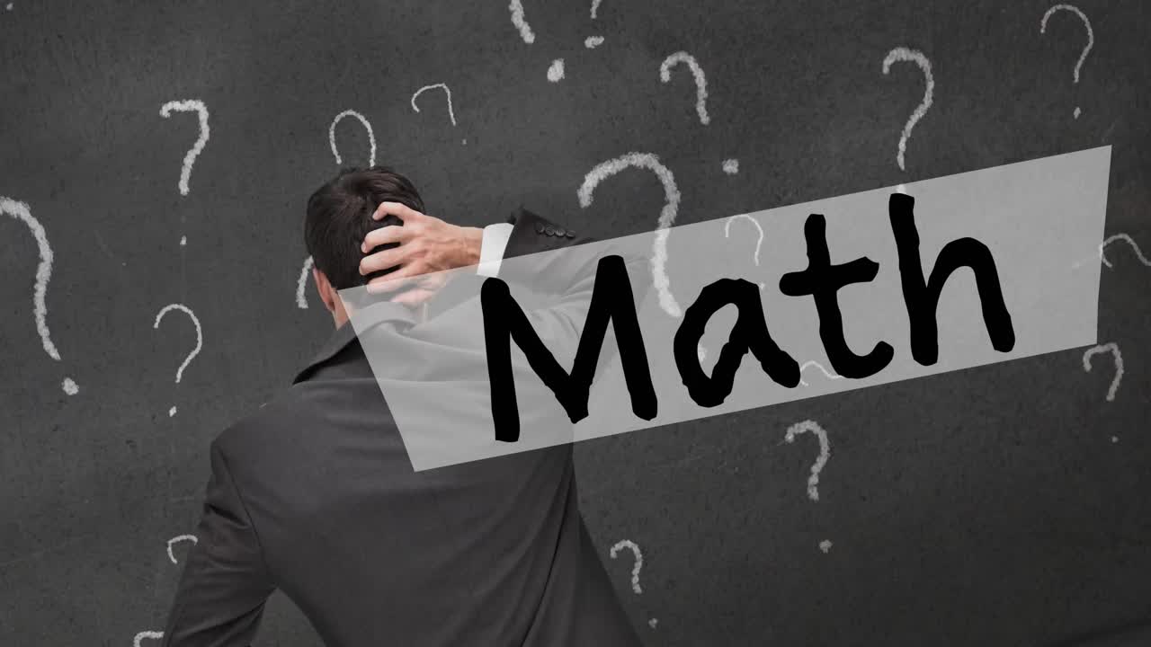 백인 사업가에 대한 수학 텍스트와 질문 점의 애니메이션