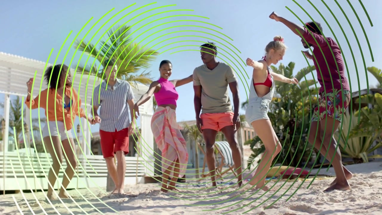 Six friends dancing on beach after green round overlay pulsing over group showing travel marketing