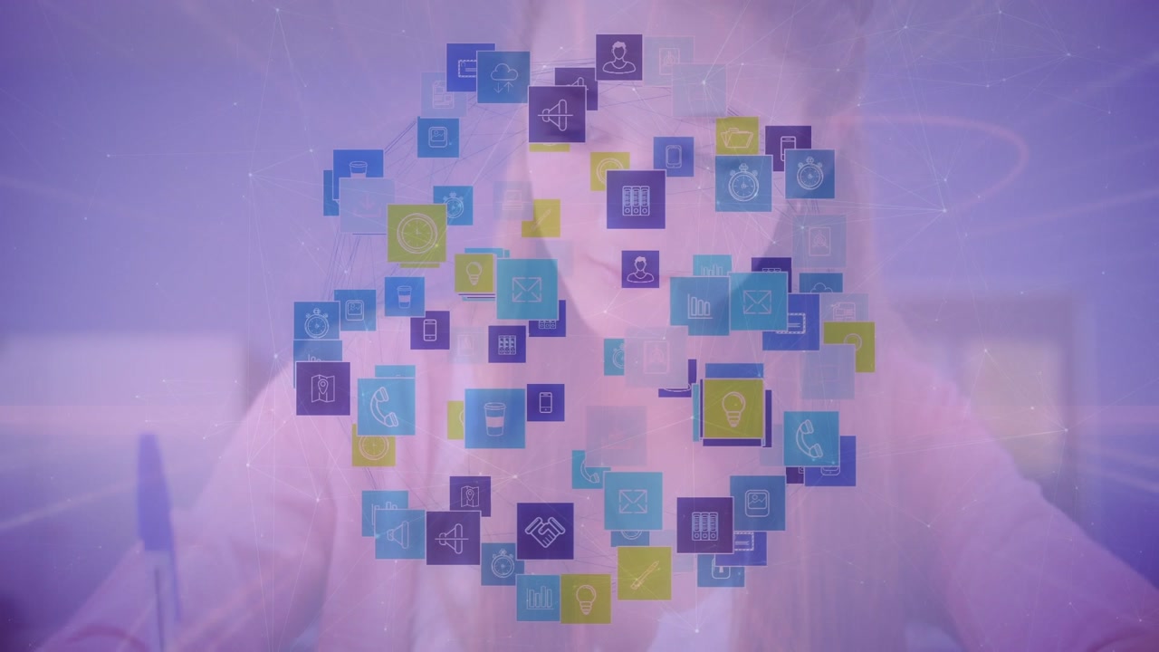 Animation of network of connection with icons over caucasian schoolgirl