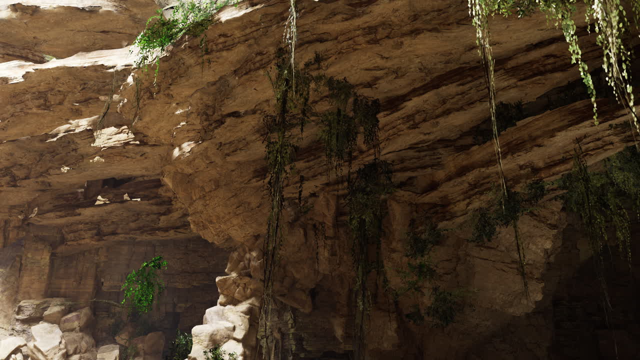 Natural cave formation with plant growth in a rocky environment