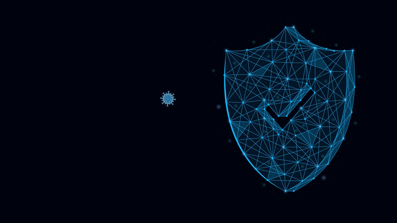 escudo de seguridad para la protección contra el virus. coronavirus, concepto de seguridad 2019-ncov. escudo y células de virus. vacuna, medicamento, antibiótico. video 4k con canal alfa.