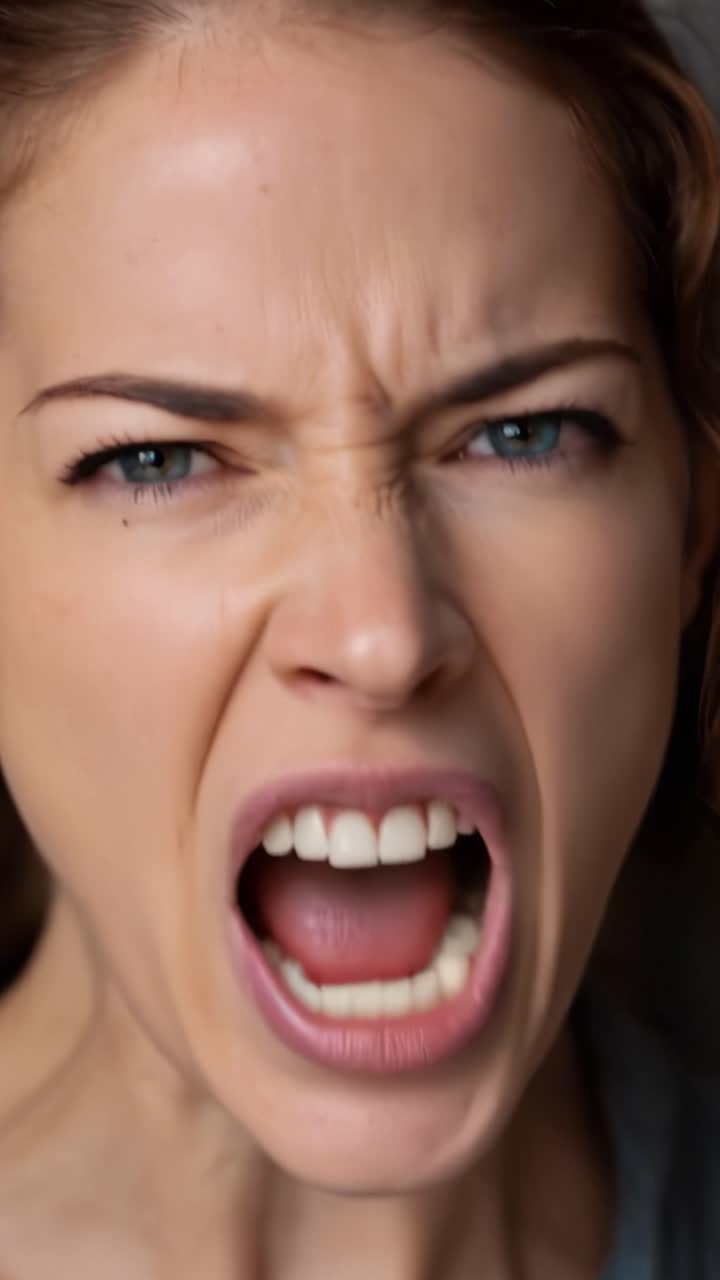 Intensa Espressione Emotiva Catturata in Due Fotogrammi: Una Donna Mostra Rabbia e Frustrazione Pura Attraverso un Urlo Potente e uno Sguardo Feroce.