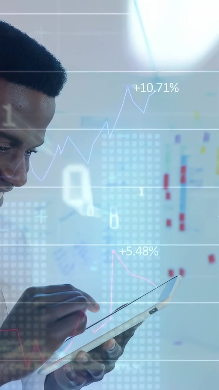 Man tapping tablet, charts and percent shifting from loss to gain while tracking finance