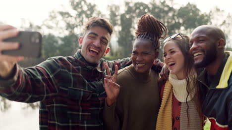 camping, selfie and friends smile in nature