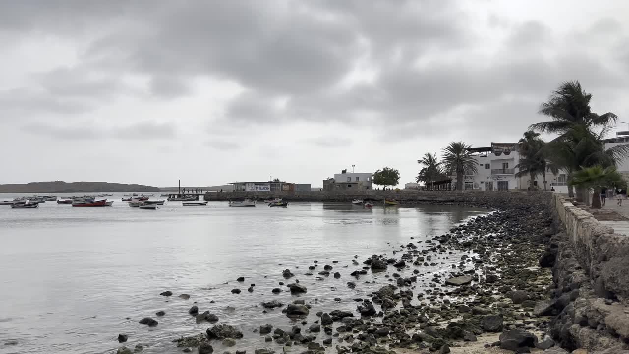 Cloudy Day at a Seaside Town with Fishing Boats