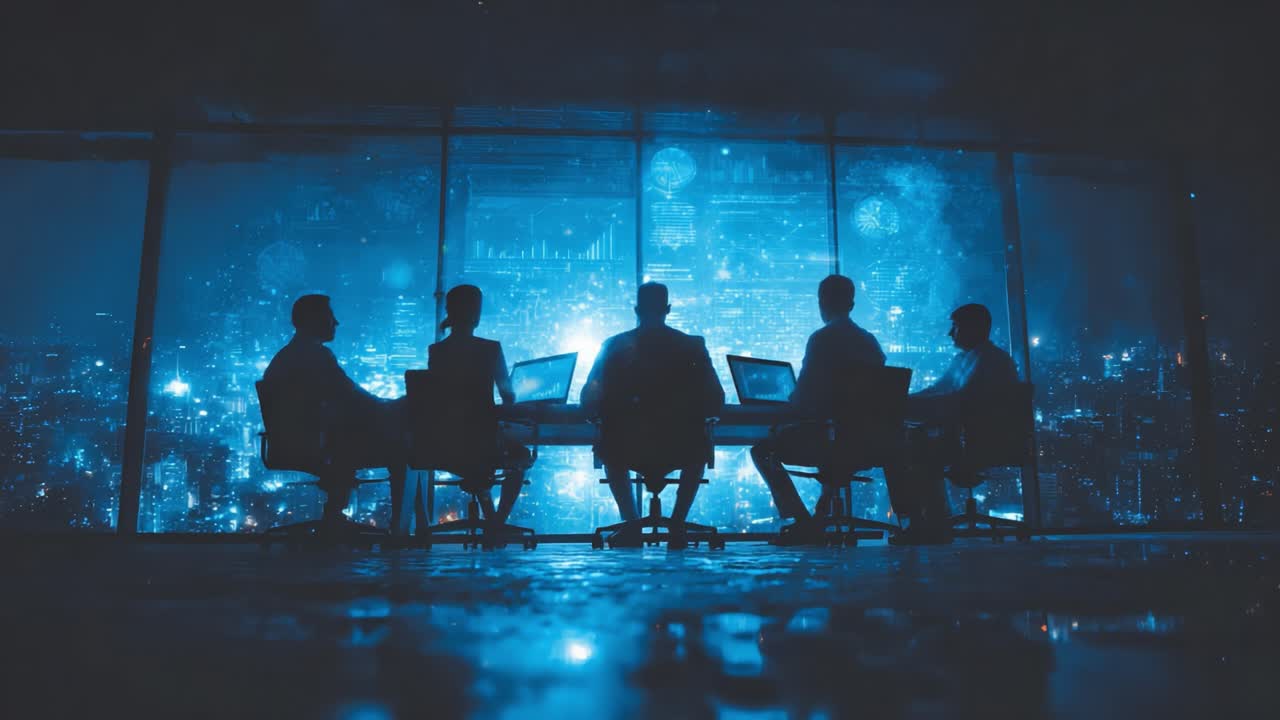 A Group of Professionals Collaborating in a Dimly Lit Office Overlooking a Vibrant Cityscape, Utilizing Technology to Drive Innovative Solutions