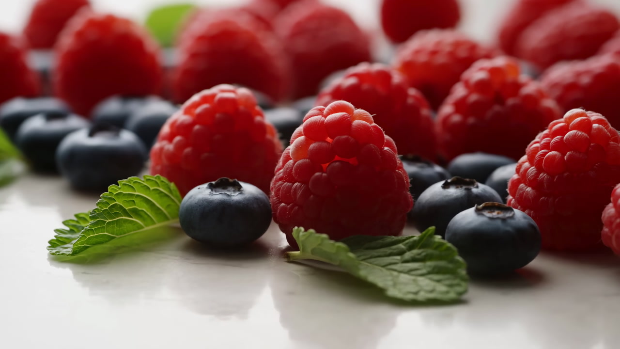 Raspberries Blueberries Mint Closeup On White Shallow Depth Of Field Highlighting Glossy Fruit And Reflective