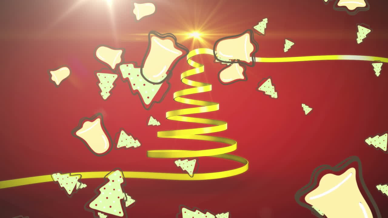 animación del árbol de navidad formado con cinta amarilla y campanas cayendo