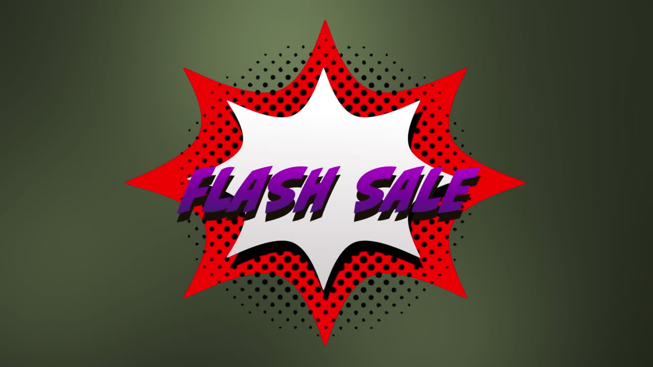 이 애니메이션은 80년대 레트로 스타일의 보라색 플래시 판매 광고입니다.