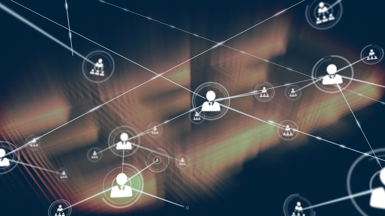 animación de una red de iconos de perfil sobre rastros de luz marrón contra un fondo negro.