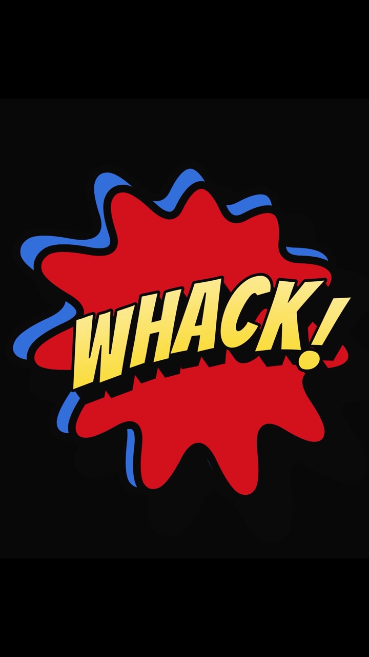 „Whack“-Text im Comic-Stil auf schwarzem Hintergrund mit Textfreiraum oben, nahtlose Schleife, vertikales Format