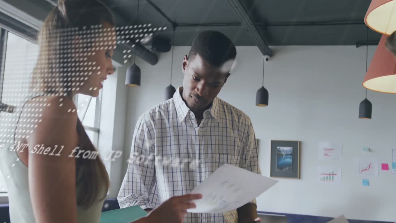 Coworkers exchanging docs and scanning pages in business, pulsing world-map overlay showing charts