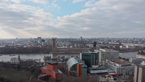 Dolly-forward-aerial-drone-shot-towards-London-houses-of-Parliament-palace-of-Westminster-from-Lambeth