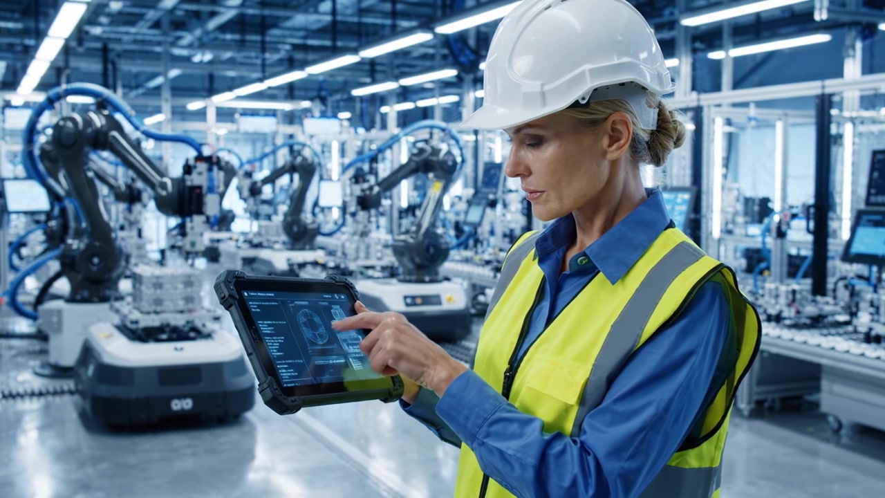 A Focused Technician Monitoring Robotics in an Automated Manufacturing Facility, Utilizing a Tablet to Oversee and Enhance Production Efficiency and Safety