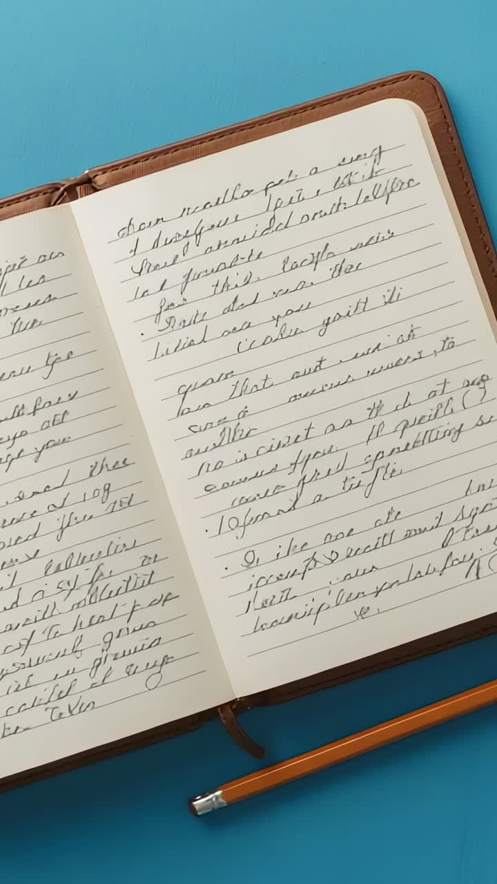 Vertical video: Tilting camera revealing open leather-bound notebook on desk workspace, with pencil