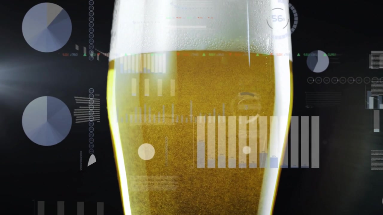 Linha do tempo começando, copo de cerveja tipo pint enchendo com cerveja ale, gráficos animados desaparecendo e subindo, pulsando para visualizar dados.