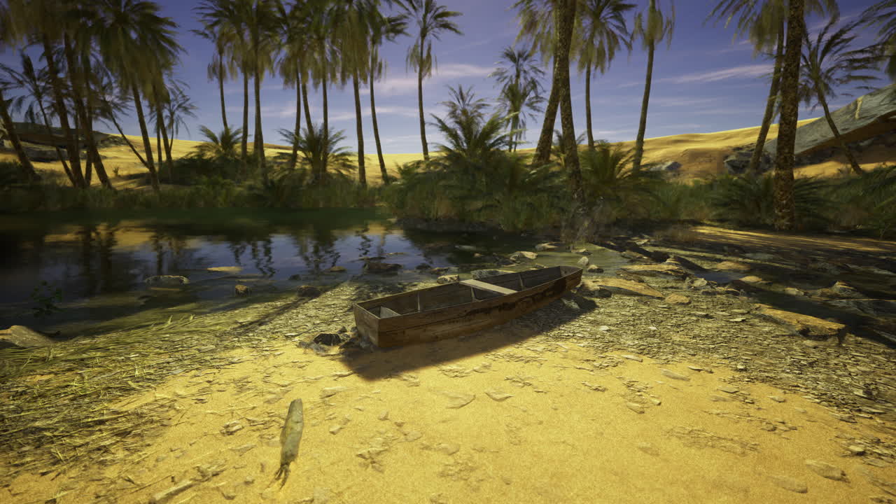 Desert oasis with a calm pond and a wooden boat under a bright sky