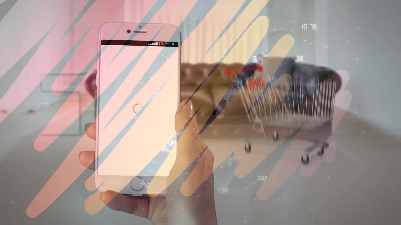 카트에 있는 상자들의 애니메이션과 그래피티를 통해 드폰에서 온라인 쇼핑을 하는 손을 절단했습니다.