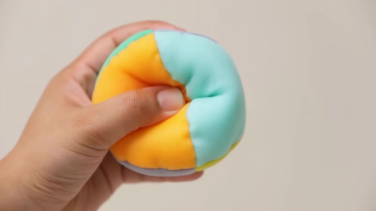 Vista próxima ao nível dos olhos de uma mão comprimindo uma pequena bola de pelúcia com blocos de cor, feita de painéis de tecido costurados, mostrando textura macia, detalhes de costura, pressão suave e cores pastel alegres.