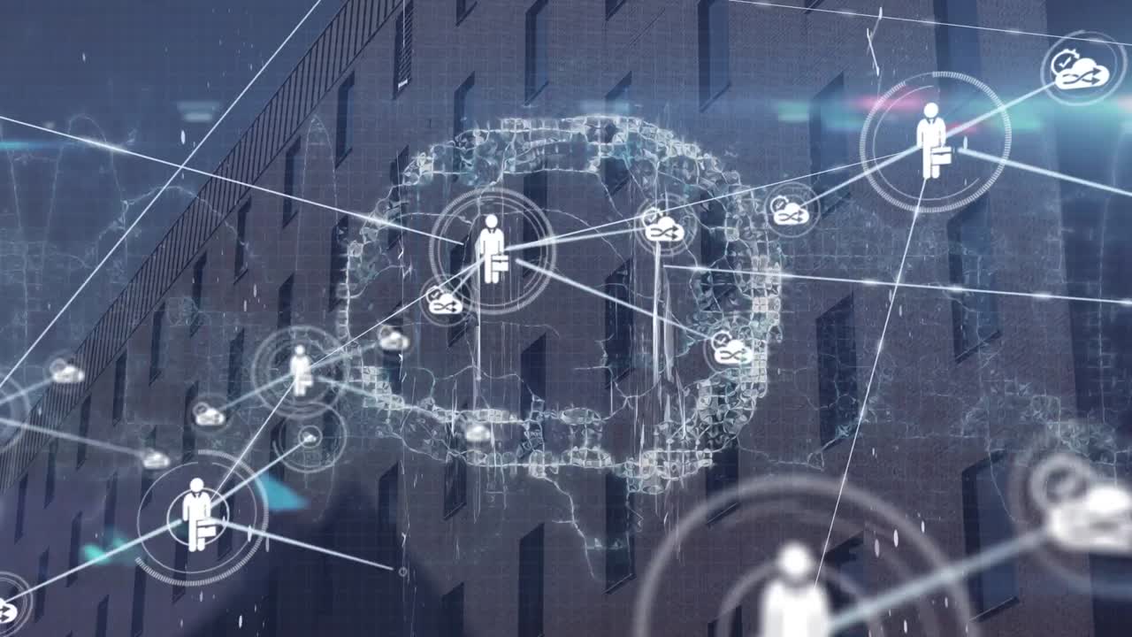 Animation of network of connection with icons and brain over cityscape