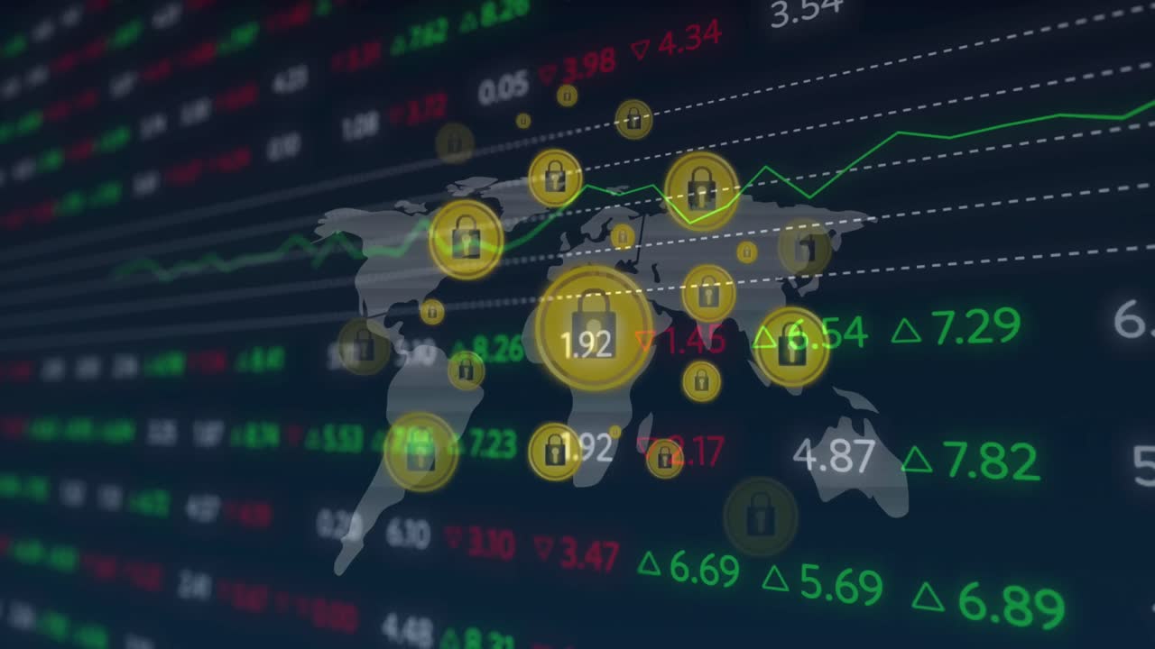 animación del procesamiento de datos financieros a través de una red de iconos de seguridad en línea y un mapa del mundo