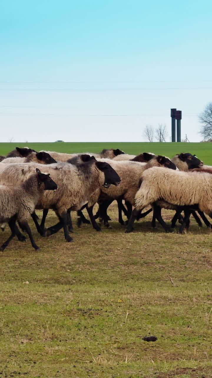 Simpatiche pecorelle soffici corrono nel campo. Animali domestici bianchi e marroni in campagna. Video verticale
