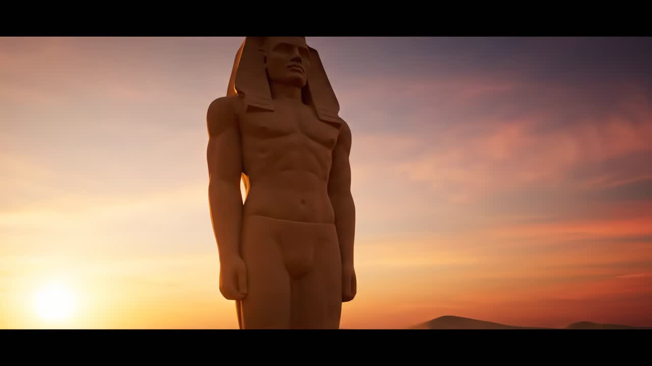 Egyptian statue in the desert at sunset