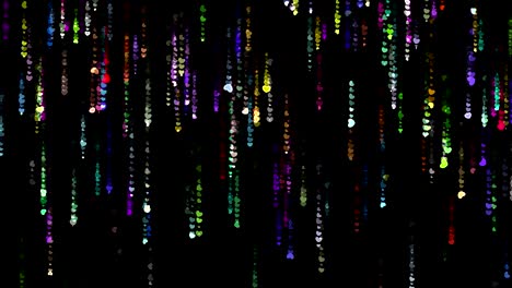 abstract background. motion graphic of twinkling, glittering, colorful, heart shape particles falling down with matrix effect on black background