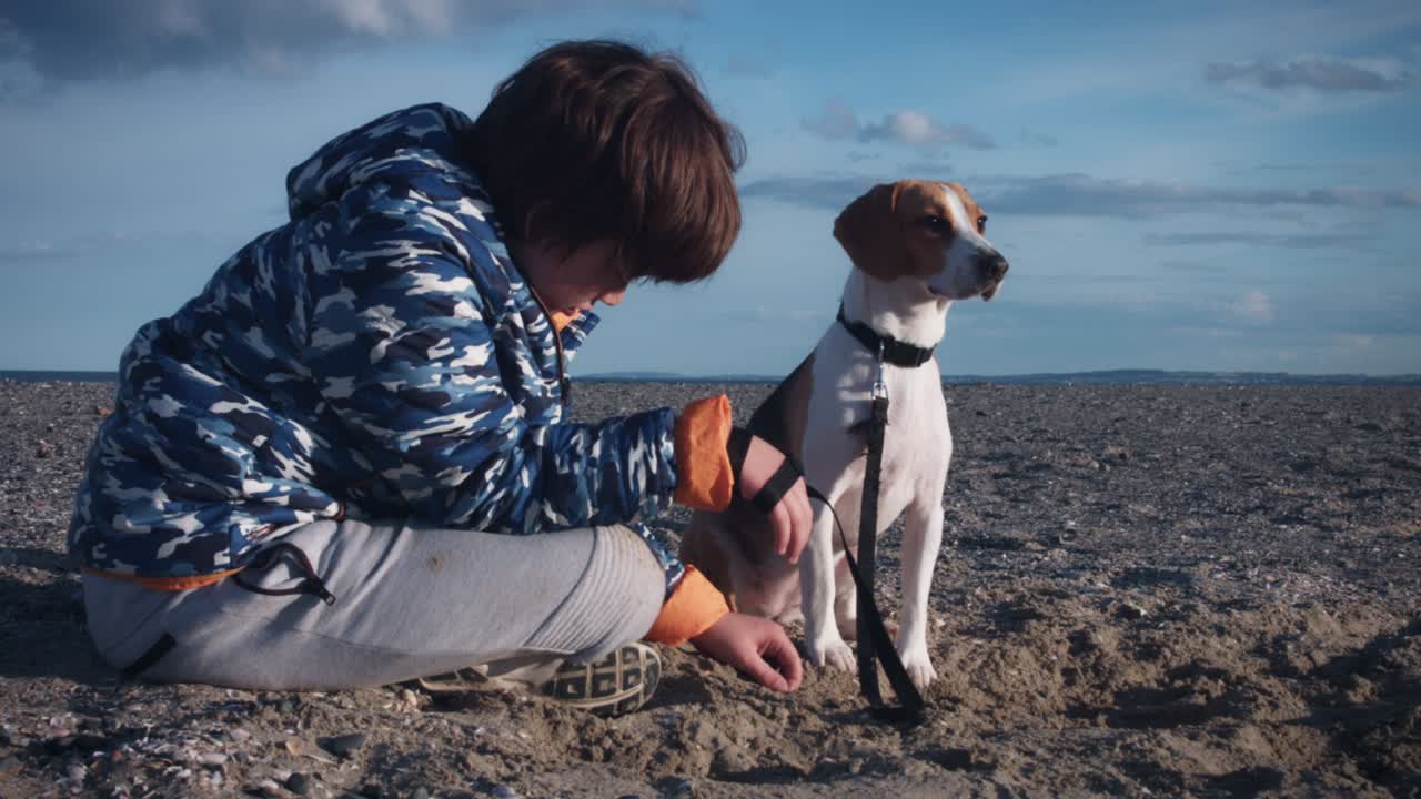 4k 야외 해변 아이와 개가 해변에서 포즈를 취합니다.
