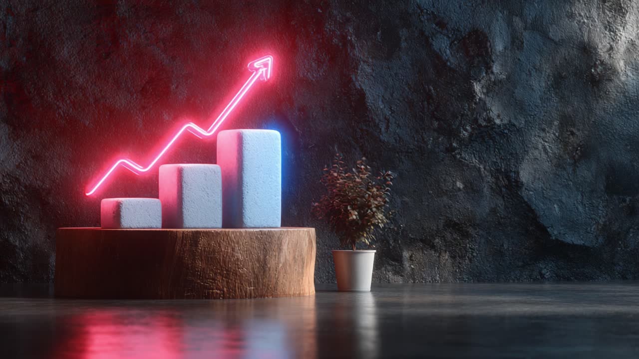 Visual Representation of Growth: A Neon Graph with Bar Charts and a Potted Plant on a Rustic Platform Depicting Increasing Trends in Data
