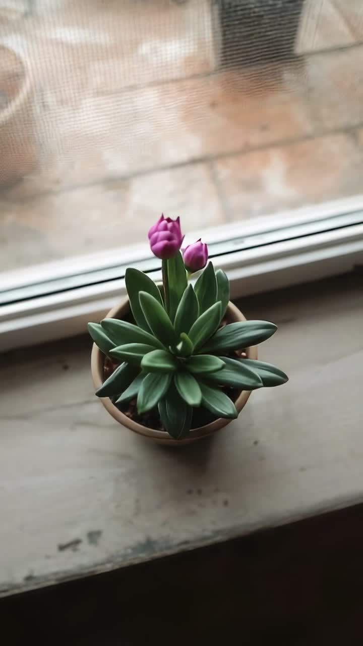 Vertical video: Entering bottom edge, bare hands cradling and centering potted succulent on sill