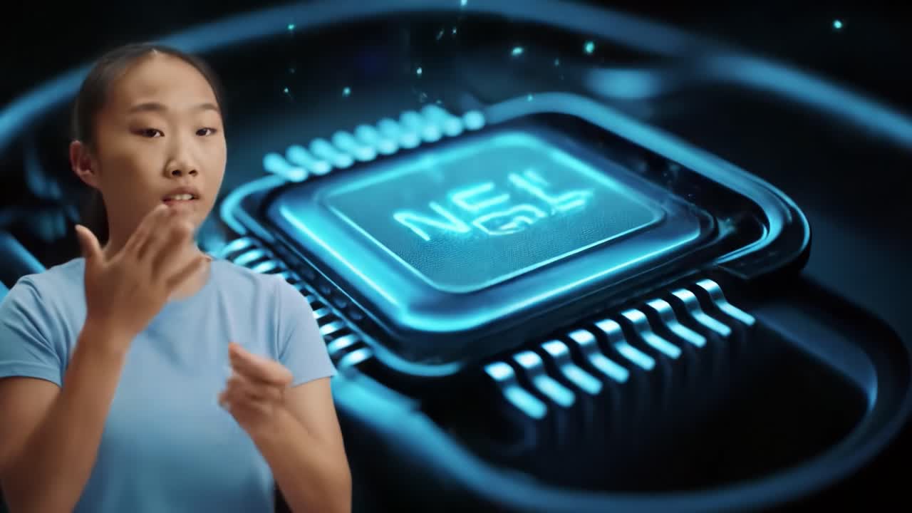 A speaker showcases innovative technology to an enthusiastic audience while an interpreter facilitates communication. The atmosphere is lively and inclusive, highlighting interaction and engagement.