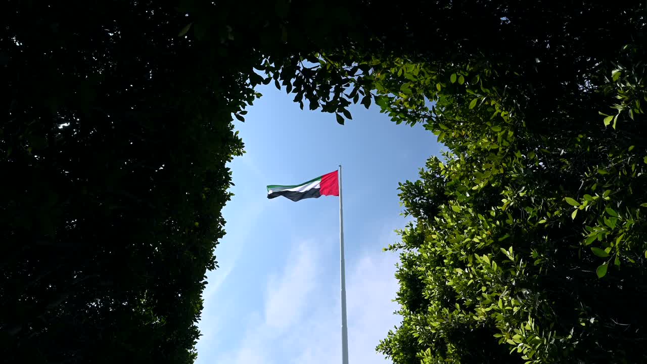 The UAE flag waves among greenery at Abu Dhabi Corniche, symbolizing a sustainable future in the United Arab Emirates