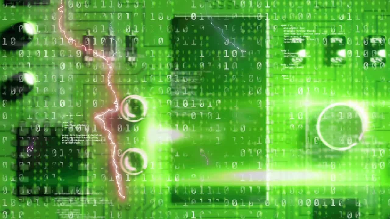 animación del procesamiento de codificación binaria con rayos sobre la placa de la computadora