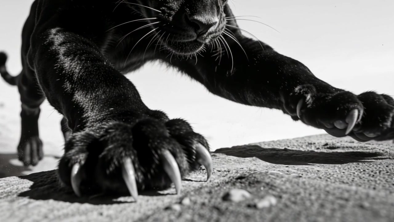 Pantera negra se aproximando, pressionando as patas dianteiras na rocha, cravando as garras e levantando poeira, bigodes estabilizando.