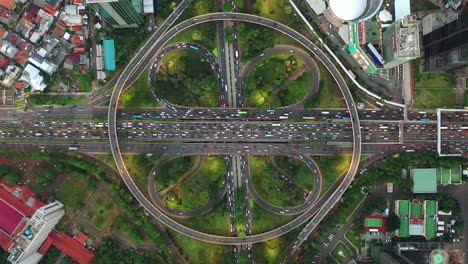 jakarta city downtown busy traffic street road junction aerial topdown panorama 4k indonesia