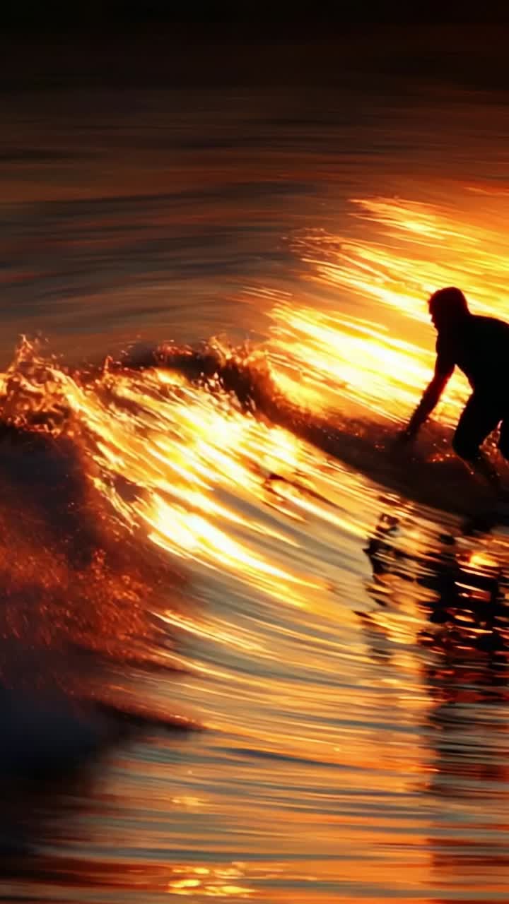 A Surfer Embraces the Golden Sunset Waves While Riding the Ocean, Capturing the Majestic Beauty of Nature's Display at Dusk with Reflections on Water