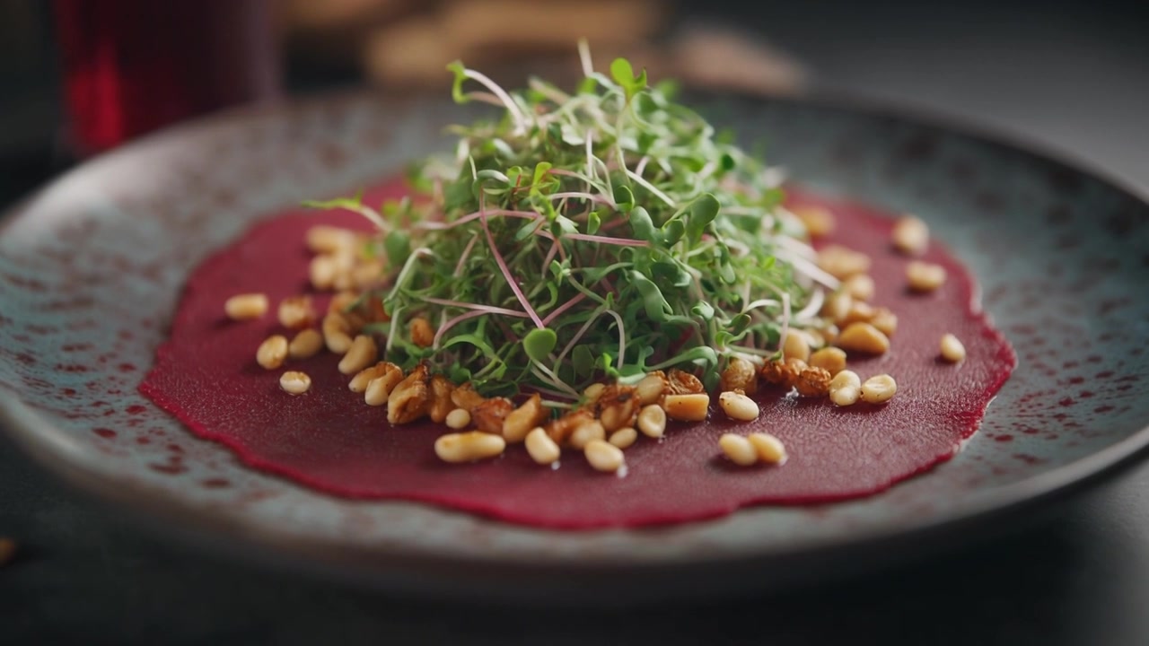 Rødbedecarpaccio med mikrogrønt og pinjekerner på en keramisk tallerken