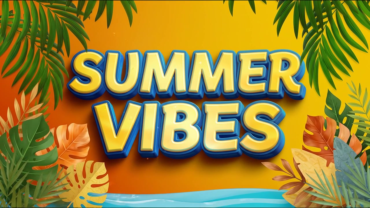 Animación de Estilo de Vida Tropical con Vibras de Verano, Tipografía Azul Intenso y Hojas de Palma sobre Fondo Amarillo