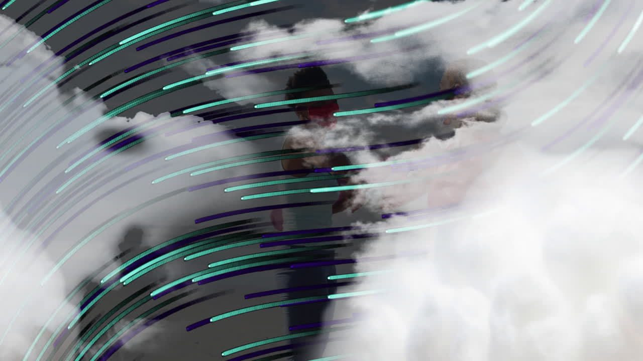 Swirling lines in abstract animation over cloudy sky background, creating movement