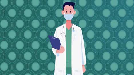 animation of caucasian male doctor in face mask over green cells on green background