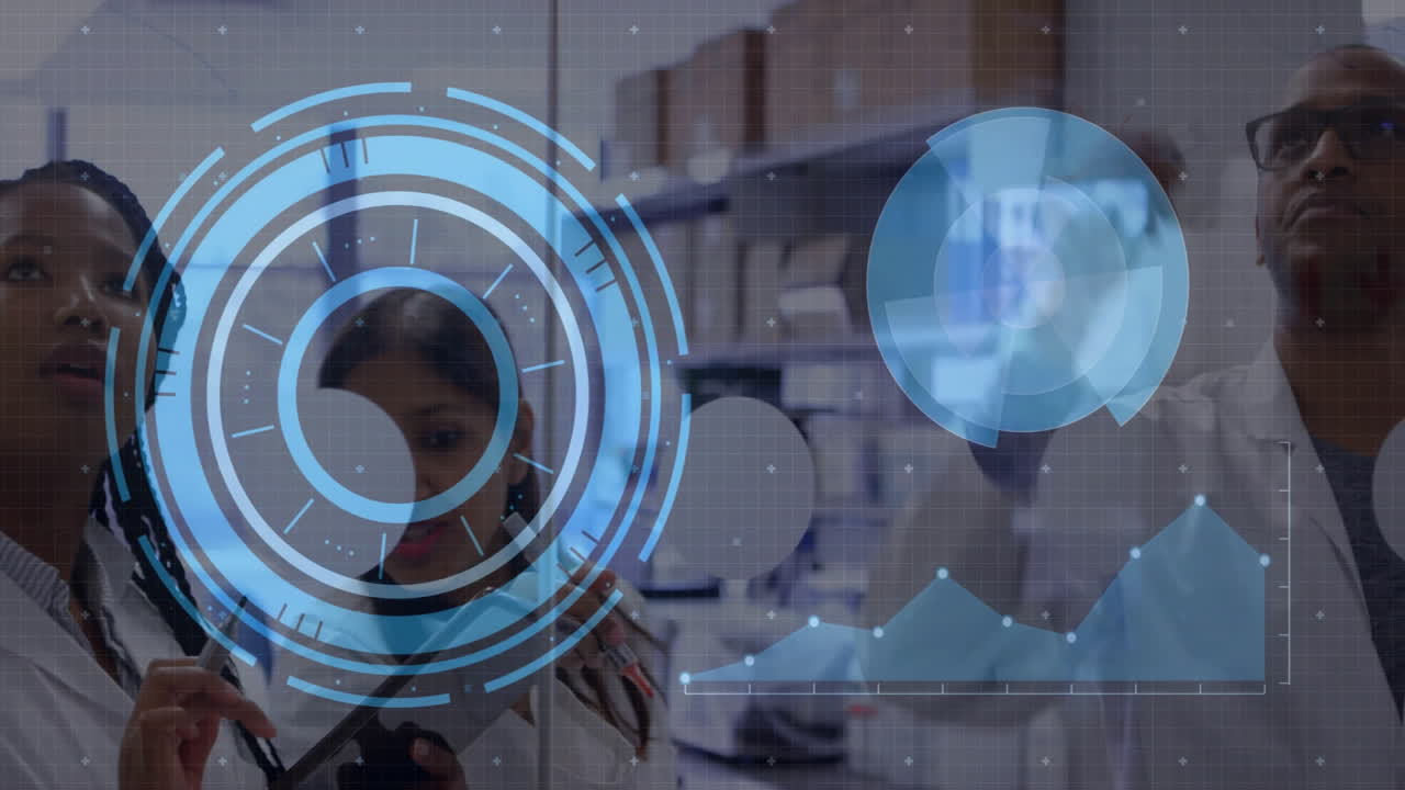 Scientists collaborating in lab, manipulating holographic circular charts using stylus graphics