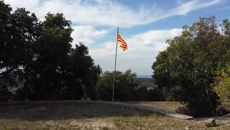 catalan flag on top of a hill, overlooking hills with a cloudy sky