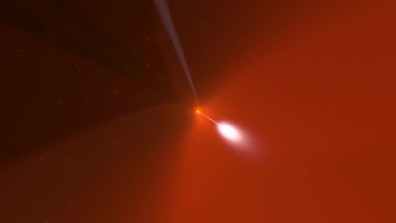 Effetto wormhole arancione con un raggio di luce centrale.
