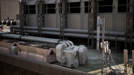 a large group of pipes is seen on the side of a building in a busy cityscape