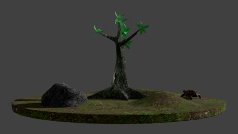 the forest - 3d conceptual work showing a forest with a tortoise, a stone and a tree.